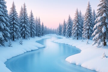 Serene winter landscape with snow-covered trees and frozen river under soft pastel sky light, peaceful nature background concept. Ai generative