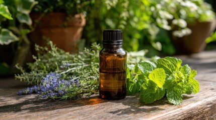 a bottle of essential oil next to a bunch of herbs