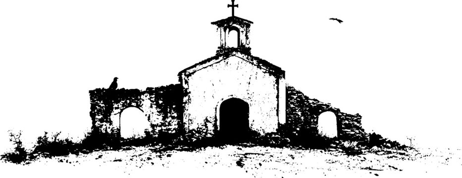 Rustic abandoned chapel silhouette in grunge black and white for urban tribal art