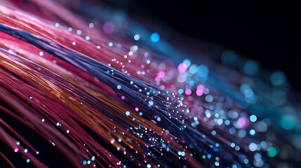 Abstract fiber optics data transmission network with glowing pink blue lights for futuristic communication technologies.