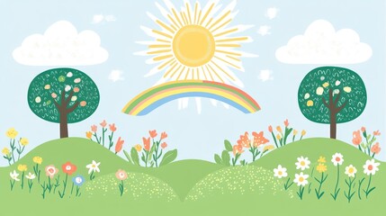 Cartoon landscape illustration with trees rainbow and sun on blue sky