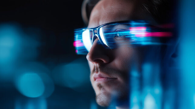 Futuristic man wearing AR glasses with digital code reflections in neon lighting.
