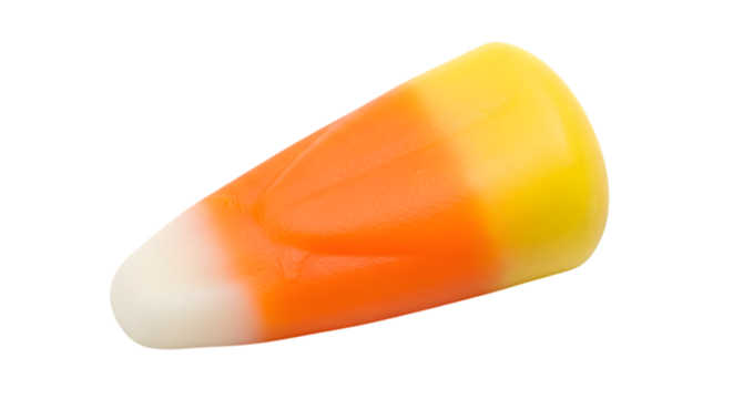 A single piece of candy corn, a popular halloween treat, isolated on transparent background