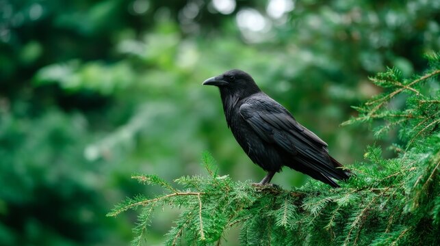 Closeup of a sleek black raven perched amid dense lush greenery with glossy feathers blending into foliage and subtle copy space on the left - Powered by Adobe