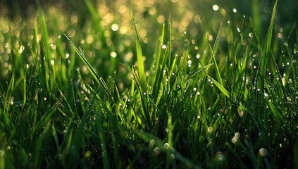 Fototapeta premium Dew-kissed grass in morning light