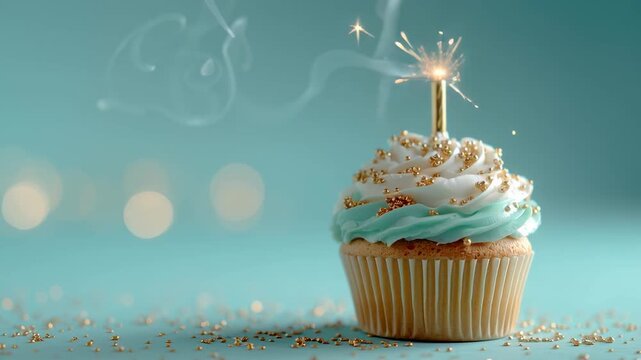 Cupcake with a burning candle, appetizing cream with gold decor. Turquoise background, empty space on the left.