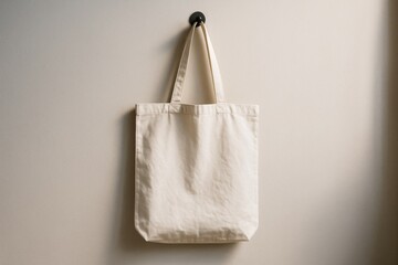 Blank beige tote bag mockup hanging on wall with soft light and clean background for branding or design presentation concepts.