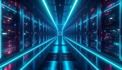 Futuristic Data Center A Neon-Lit Pathway of Server Racks