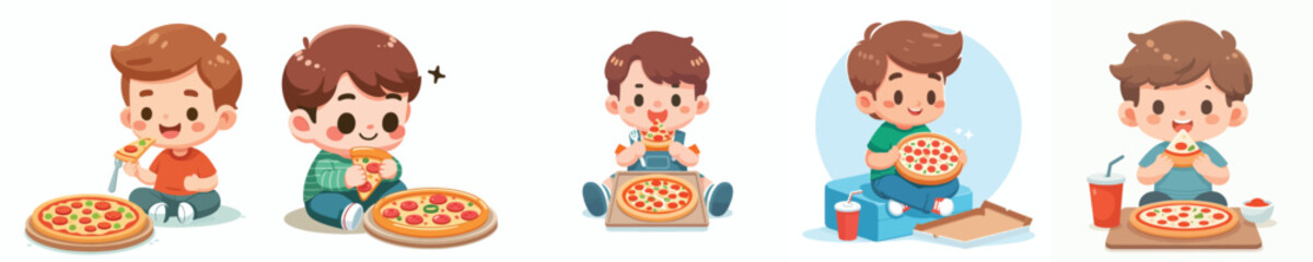 vector of a cute little boy eating pizza
