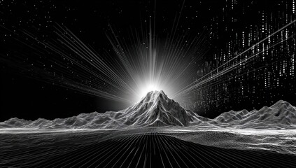 Digital mountain landscape at sunrise