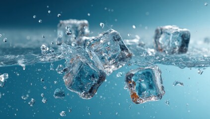 Ice cubes splashing into water