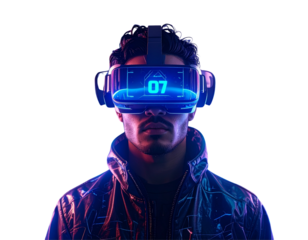 Person Wearing VR Headset with Glowing Neon Grid, Metaverse Exploration Concept, Transparent PNG (2)