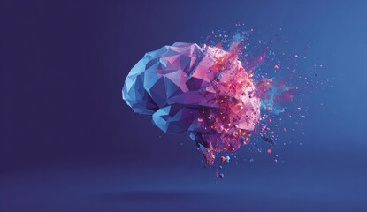 Abstract polygonal brain exploding in vibrant colors against a gradient backdrop