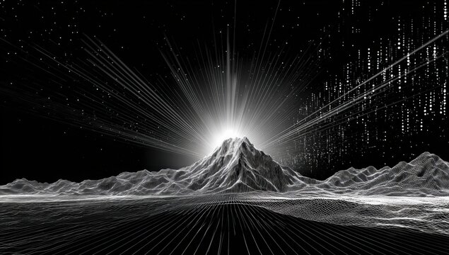 Digital mountain landscape at sunrise