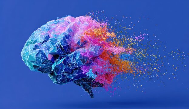 Abstract polygonal brain explodes in vibrant color