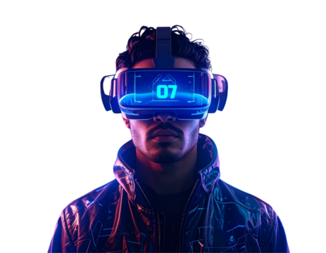 Person Wearing VR Headset with Glowing Neon Grid, Metaverse Exploration Concept, Transparent PNG (2)
