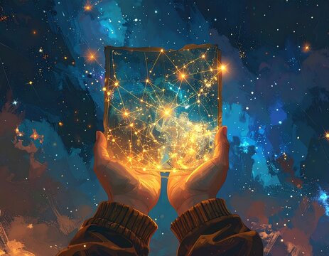 Two hands holding a glowing, rectangular object filled with stars and constellations against a dreamy, celestial background.