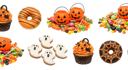 A collection of halloween treats including cupcakes, donuts, ghost cookies, and candy buckets, isolated on transparent background