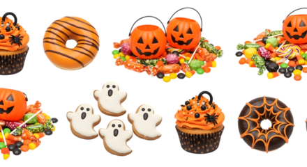 A collection of halloween treats including cupcakes, donuts, ghost cookies, and candy buckets, isolated on transparent background