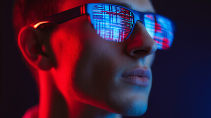 Futuristic man wearing AR glasses with digital code reflections in neon lighting.
