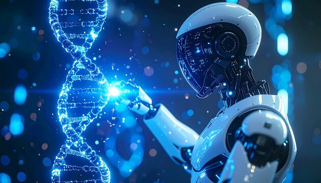 AI Robot Analyzing a DNA Strand for Future Genetic Advancements