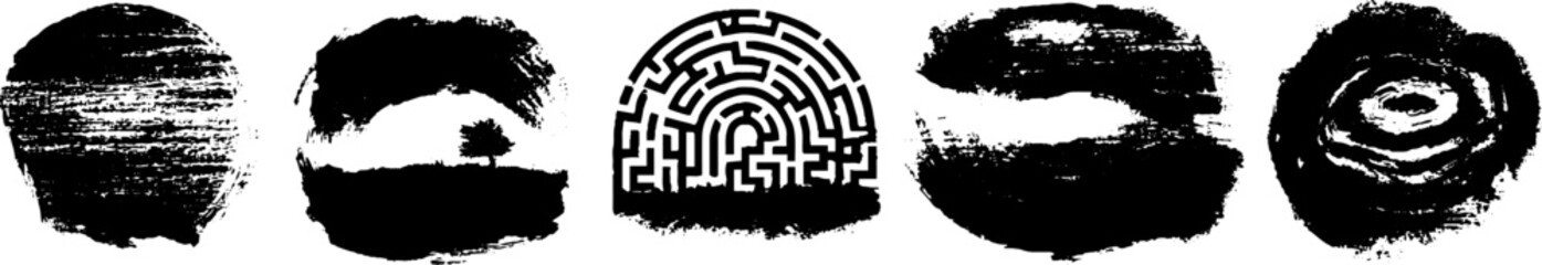 Grunge black and white abstract set of circular and square brush strokes for design