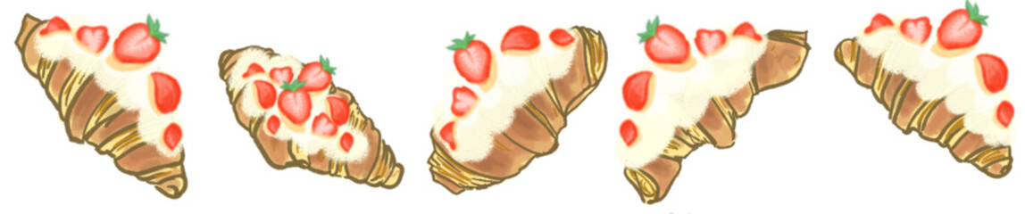Strawberry Cream Topped Croissant Pastry Illustration – Cute Bakery Dessert Clipart for Breakfast and Cafe Menu Design