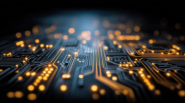 Close - up of a High - Tech Circuit Board with Illuminated Components for Digital and Tech - Related Projects