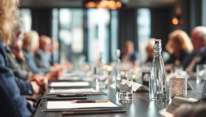 Meeting in progress, blurred figures at a table