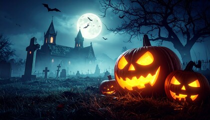"Spooky Halloween graveyard scene under full moonlight, glowing jack-o'-lanterns with menacing faces in foreground, gothic-style castle or church with pointed towers in background, misty landscape wit