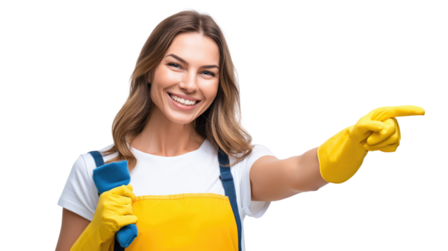 Smiling woman in cleaning gloves with sponge – housekeeping and hygiene concept
