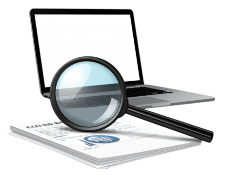 Modern Magnifying Glass with Laptop and Documents, Office Research Concept, Transparent PNG