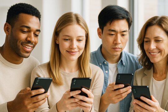 Diverse group of people using smartphones together in a bright indoor setting, sharing technology experience and digital culture across backgrounds. Ai generative - Powered by Adobe
