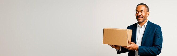 Smiling man in business suit holding cardboard box on light background with copyspace for delivery, shipping, or logistics advertising concept. Ai generative
