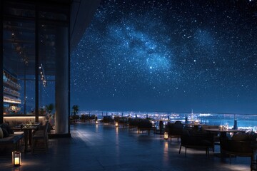 Rooftop bar at night with a stunning view