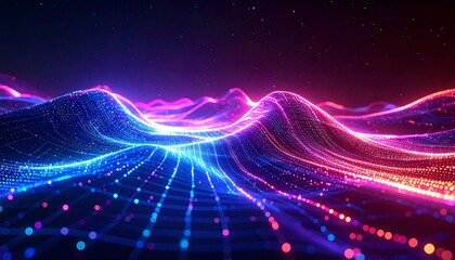 Abstract futuristic digital landscape with glowing particle waves