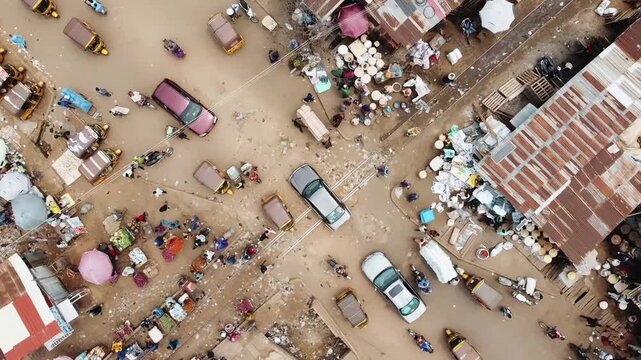 Drone shot street junction in Nigerian market. 