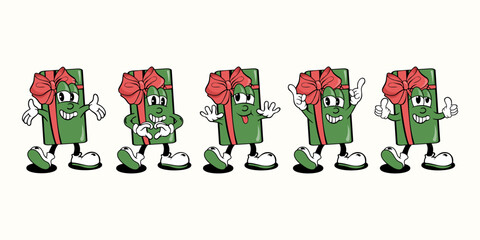 Cute cartoon gift with red bow in different poses and emotions, vector illustration