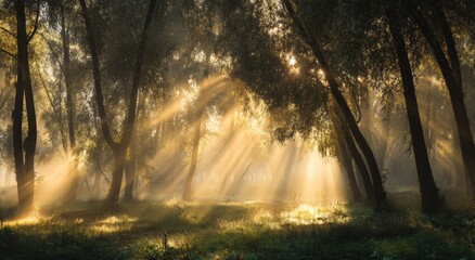 Sunlight streams through a misty forest (4)