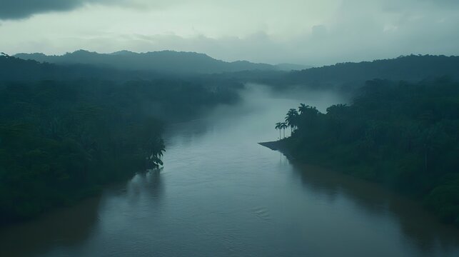 Misty river winding through lush forested hills under a cloudy sky with palm trees on the bank