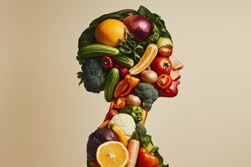 Side profile of a female human figure, made entirely of various fruits and vegetables, on a clean light background.