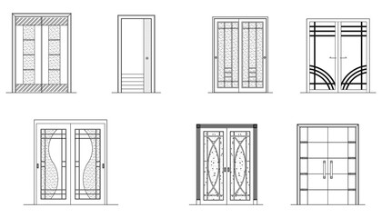 A detailed architectural drawing showcasing various door types with precise dimensions. This technical CAD illustration includes single doors, double doors, folding doors, and decorative door designs.
