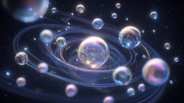 Bubbles rotating like planets around a central glowing serum drop in a cosmic lab setting - Powered by Adobe