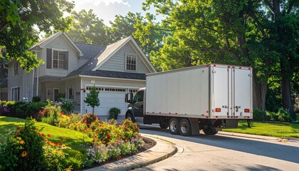White moving truck in driveway of two-story suburban house with flowers, trees, and sunlight in lush residential setting.