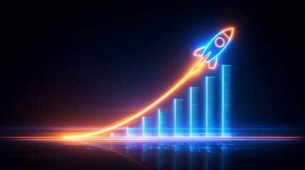 glowing bar chart with one bar shooting upward like rocket, symbol of growth