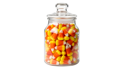 A glass jar filled with candy corn, isolated on transparent background