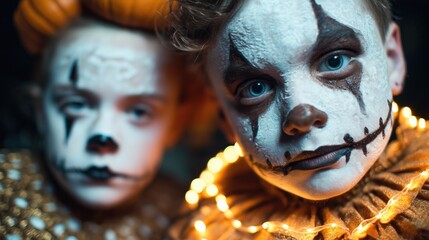 Kids with scary clown makeup – Halloween costume and creepy face paint concept
