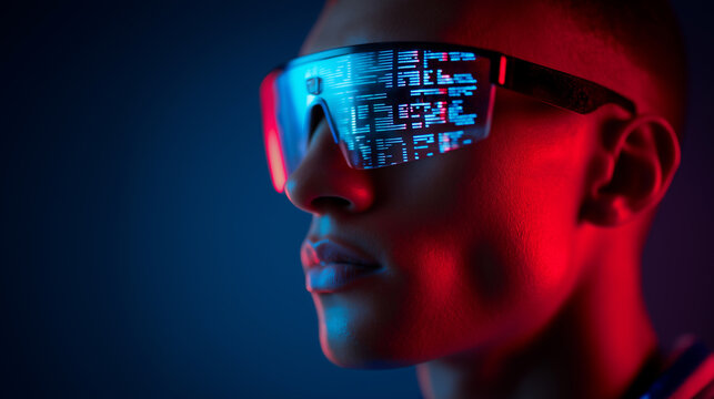 Futuristic man wearing AR glasses with digital code reflections in neon lighting.
 - Powered by Adobe