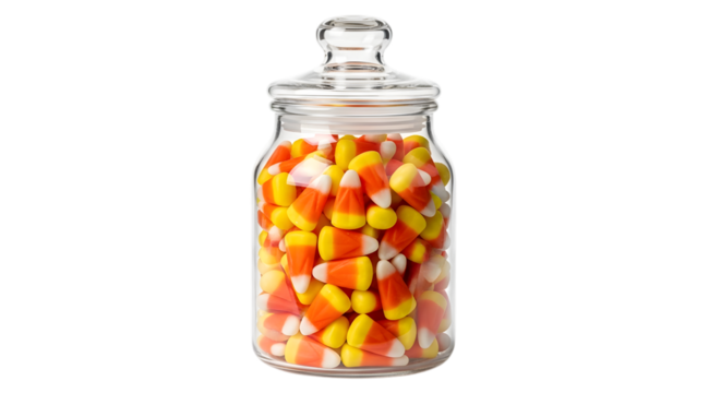 A glass jar filled with candy corn, isolated on transparent background
