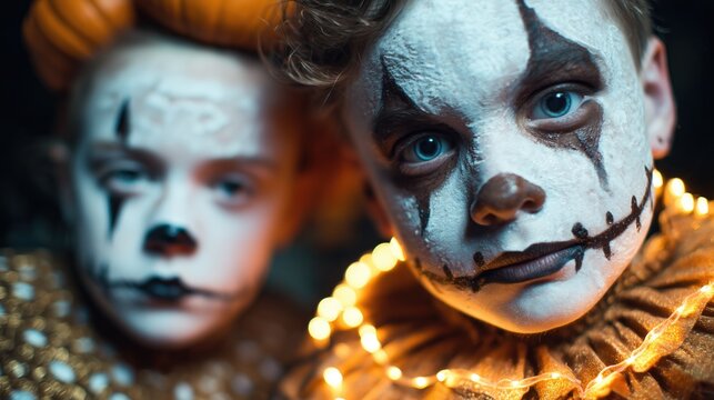 Kids with scary clown makeup – Halloween costume and creepy face paint concept